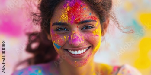 Painted in Joy: A radiant woman, her face alight with happiness, is covered in vibrant hues of colored powder, symbolizing the joyful celebration. Close-up shot emphasizing the beauty, culture.