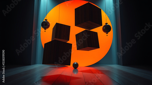 Abstract Geometric Composition: A surreal, modern composition with floating black cubes, an orange circular backdrop, and hanging orbs, creating a striking visual contrast in a dimly lit.