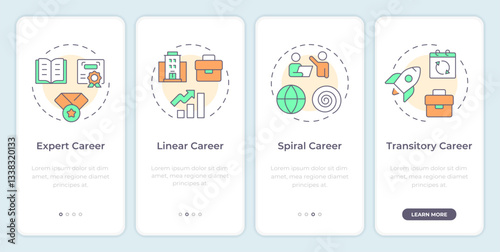 Career concepts onboarding mobile app screen. Employee growth. Walkthrough 4 steps editable graphic instructions with linear concepts. UI, UX, GUI template. Montserrat SemiBold, Regular fonts used