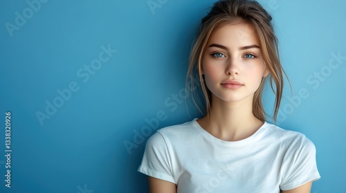 Portrait of a Young Woman with Blue Eyes against a Soft Blue Background