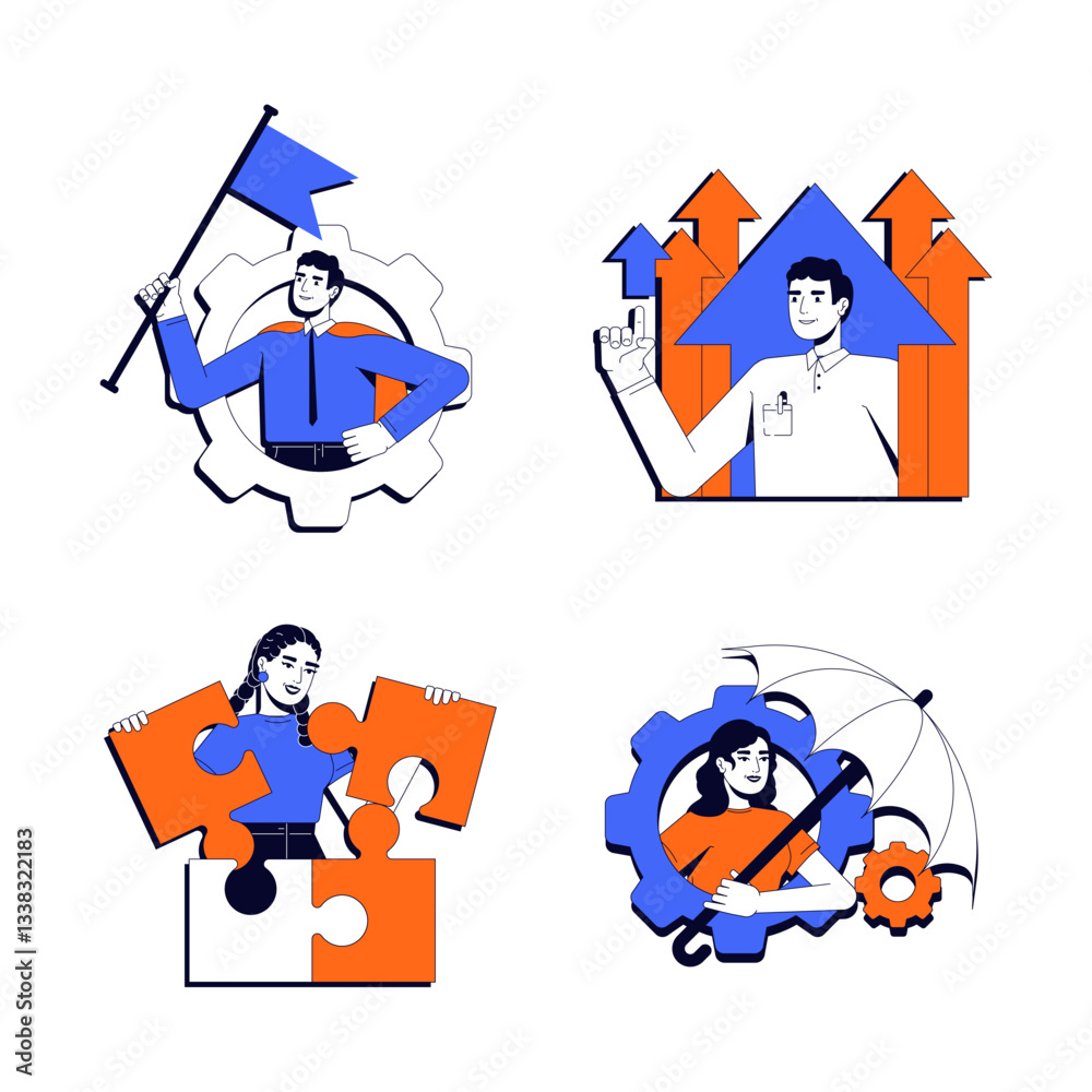 Fototapeta premium Personal development vector illustration concept set. Career growth. Problem solving, puzzle. Risk management, control. Stylized cartoon characters isolated on white. Flat 2D line art pack