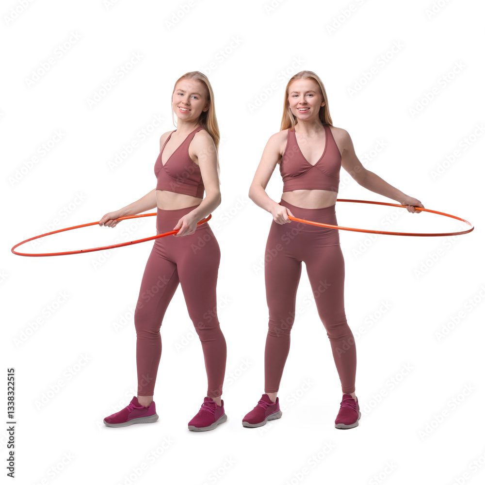 Beautiful young woman training with hula hoop on white background, collage Beautiful young woman training with hula hoop on white background, collage