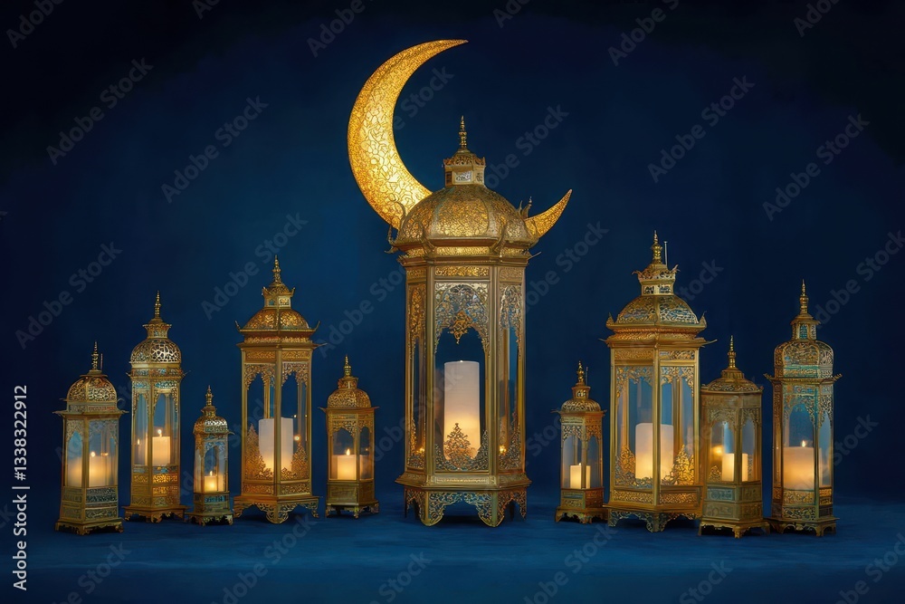 Golden lanterns and crescent moon illuminating a dark blue background for ramadan celebrationkayum12196@gmail.com Golden lanterns and crescent moon illuminating a dark blue background for ramadan celebrationkayum12196@gmail.com