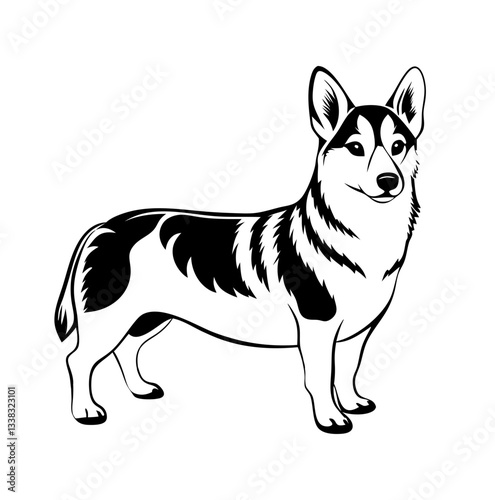 Swedish Vallhund dog showcases its characteristic unique coat patterns in black outline