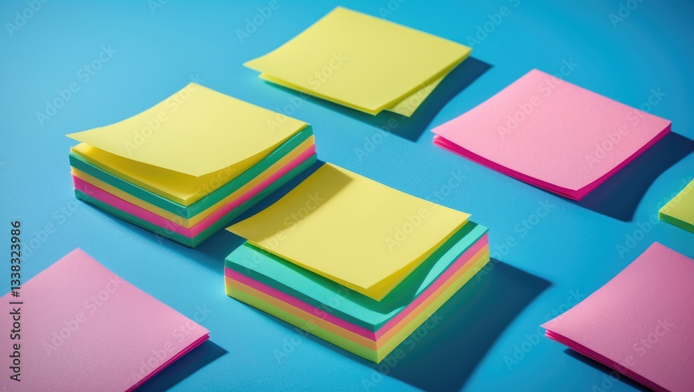 Stack of empty sticky post-it notes arranged on a blue background. Stack of empty sticky post-it notes arranged on a blue background.