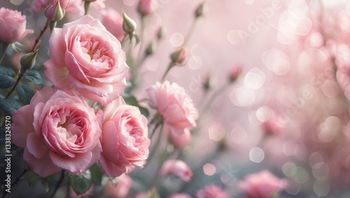 Spring bloom or summer blooming rose, toned, bokeh flower backdrop, pastel and soft floral greeting card.