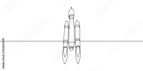 Simple continuous line drawing vector illustration of a space rocket with boosters, symbolizing space exploration, technology, and futuristic advancements in aerospace