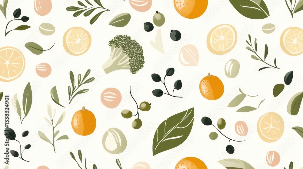 Colorful seamless pattern with mixed fruits, vegetables, and green leaves representing nutritional wellness and healthy eating lifestyle design elements Colorful seamless pattern with mixed fruits, vegetables, and green leaves representing nutritional wellness and healthy eating lifestyle design elements