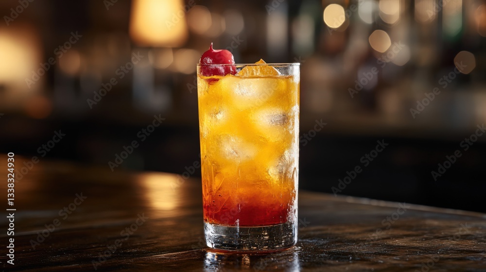 Refreshing Layered Cocktail with Cherry Garnish on Dark Bar Counter Refreshing Layered Cocktail with Cherry Garnish on Dark Bar Counter