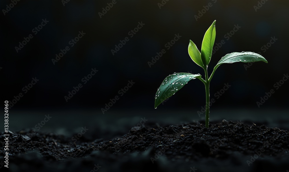 Newly sprouted plant emerging from dark soil with water droplets glistening Newly sprouted plant emerging from dark soil with water droplets glistening