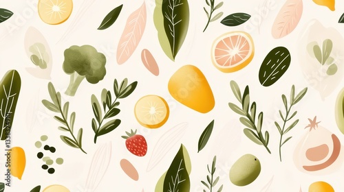 Colorful fruits, vegetables, leaves creating seamless pattern, representing nutritious diet and wellness focused living