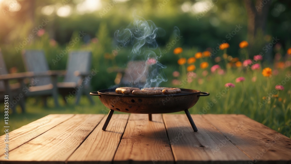 Summer theme featuring wooden table surface and grill, timber tabletop, out-of-focus background. Summer theme featuring wooden table surface and grill, timber tabletop, out-of-focus background.