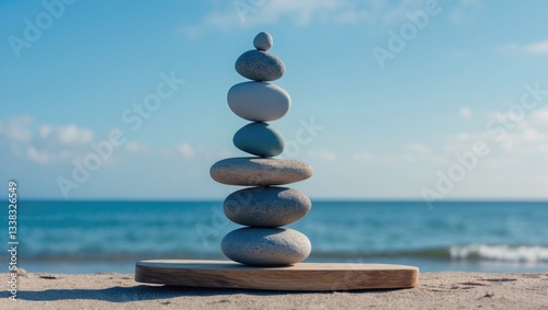 Symbolic stone scales set against the backdrop of the ocean and clear blue sky. Idea of harmony and balance.
