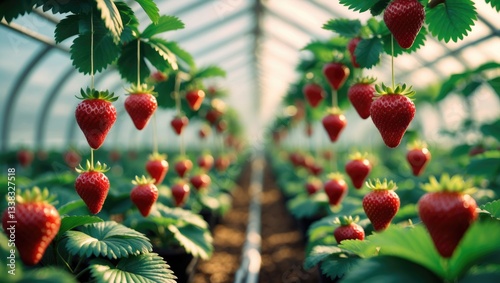 Strawberry cultivation in greenhouse, Fresh organic red berry antioxidant fruit, Modern agricultural growing technique.