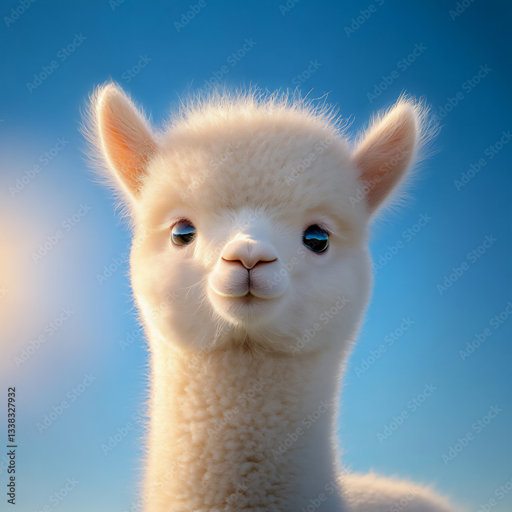 Obraz premium funny, cute alpaca portrait with a solid blue background,