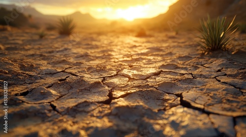 Parched ground with scattered drought resistant vegetation under golden evening light, revealing environmental degradation across arid landscape with mountainous horizon
