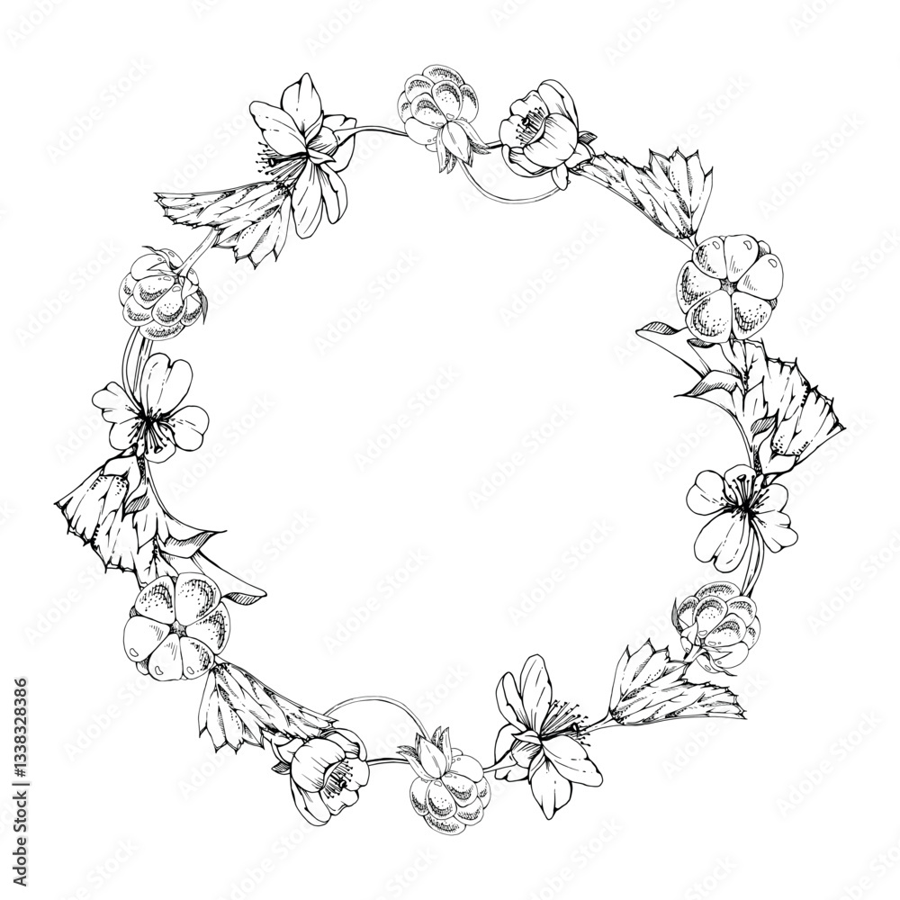 Obraz premium Cloudberry raspberry with white flowers, hand drawn vector ink, ripe Scandinavian forest berry on stems. Isolated botanical wreath crown frame illustration. Restaurant, cafe menu, farmers market