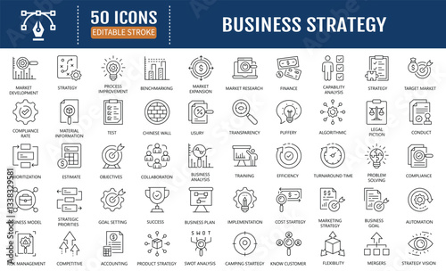 Business strategy line editable icon set. Containing as action list, research, solution, team, marketing, startup, advertising, business process, management, and more. Vector Illustration