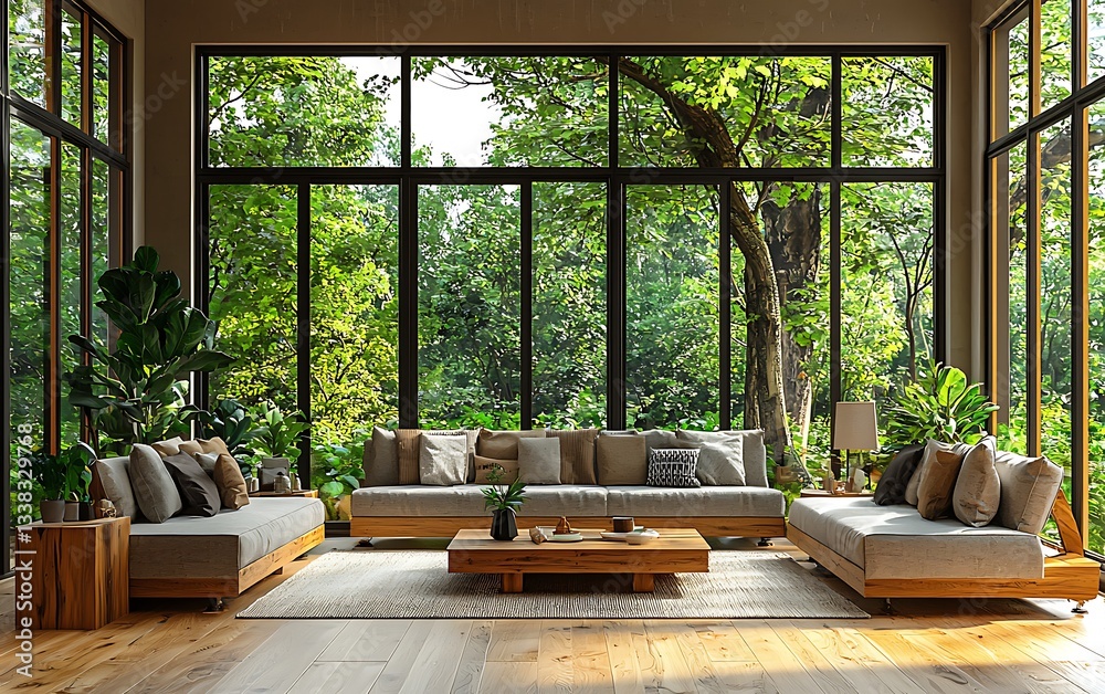 Fototapeta premium Modern Living Room Design with Forest View