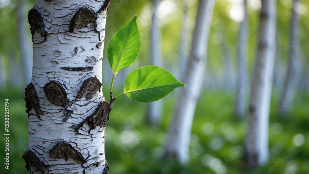 Obraz premium Stunning birch tree with white bark in a grove featuring green leaves during early summer.