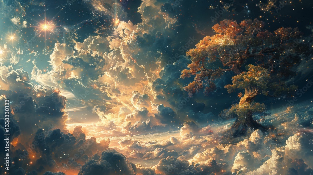 Obraz premium A tree is growing in the sky with clouds surrounding it