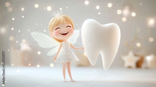 Sparkling cartoon tooth fairy wearing glittery crown, carrying oversized molar near luminous background, representing childhood dental milestone with whimsical charm