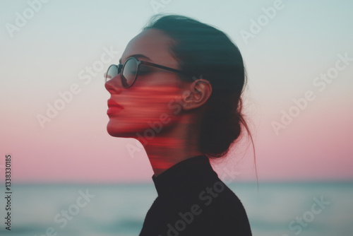 Young woman wearing sunglasses enjoying sunset at beach with double exposure effect