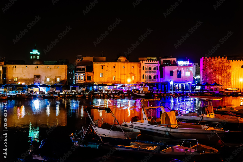 The old harbor of Bizerte city by night