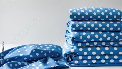 Stack of blue cotton bedding set against a white background.