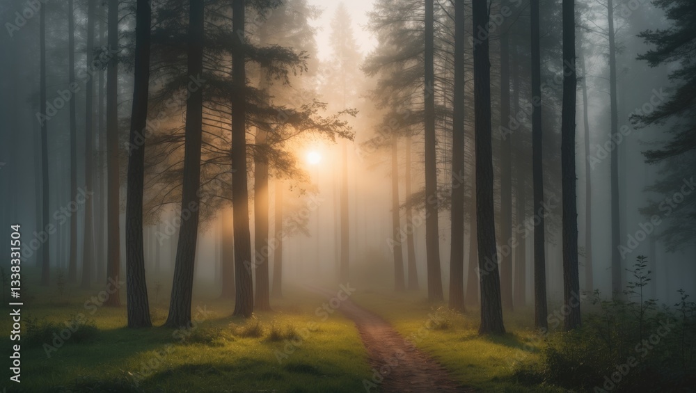 Fototapeta premium Beautiful sunrise in the misty forest. Sunlight filters through the trees in the fog.