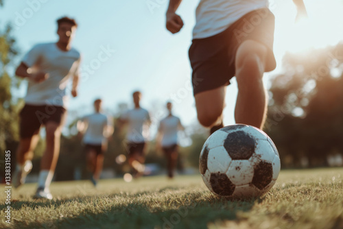 Soccer player running on field during sunset with teammates following close behind