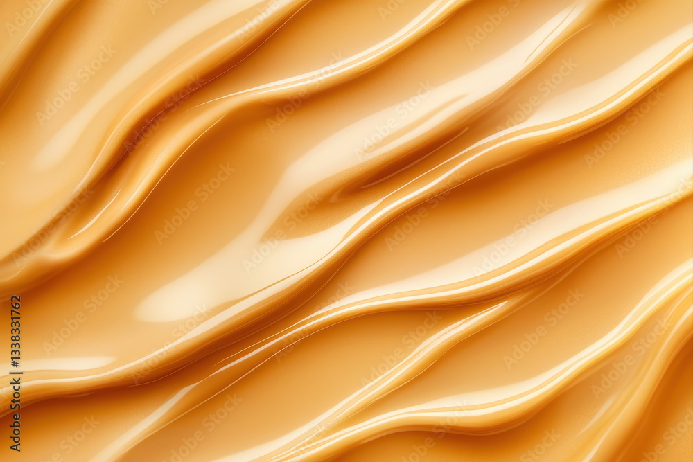 Fototapeta premium Close-up of smooth peanut butter texture, showcasing creamy waves and rich golden color.