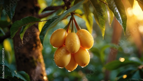 Sweet yellow Marian plum or Plum Mango hanging on the tree. Tropical exotic summer fruit featuring a sweet and sour flavor.