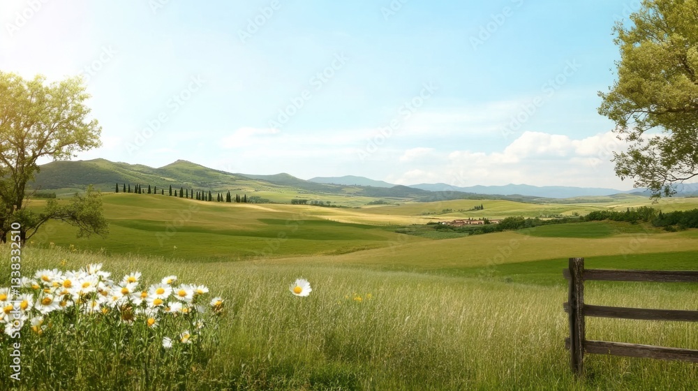 Fototapeta premium Sunlit rolling hills with cypress trees in countryside, expansive natural landscape.