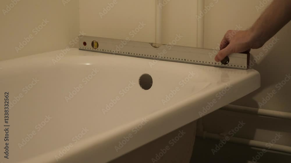 concept installation of a new bathtub. the master checks with a level tool when installing a new acrylic bathtub, repair work in the bathroom
