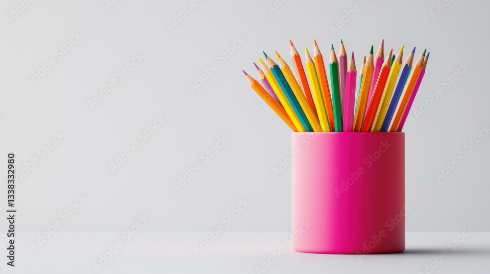 Fototapeta premium Colorful pencils in a pink holder, perfect for creative projects and art activities. isolated on white background.