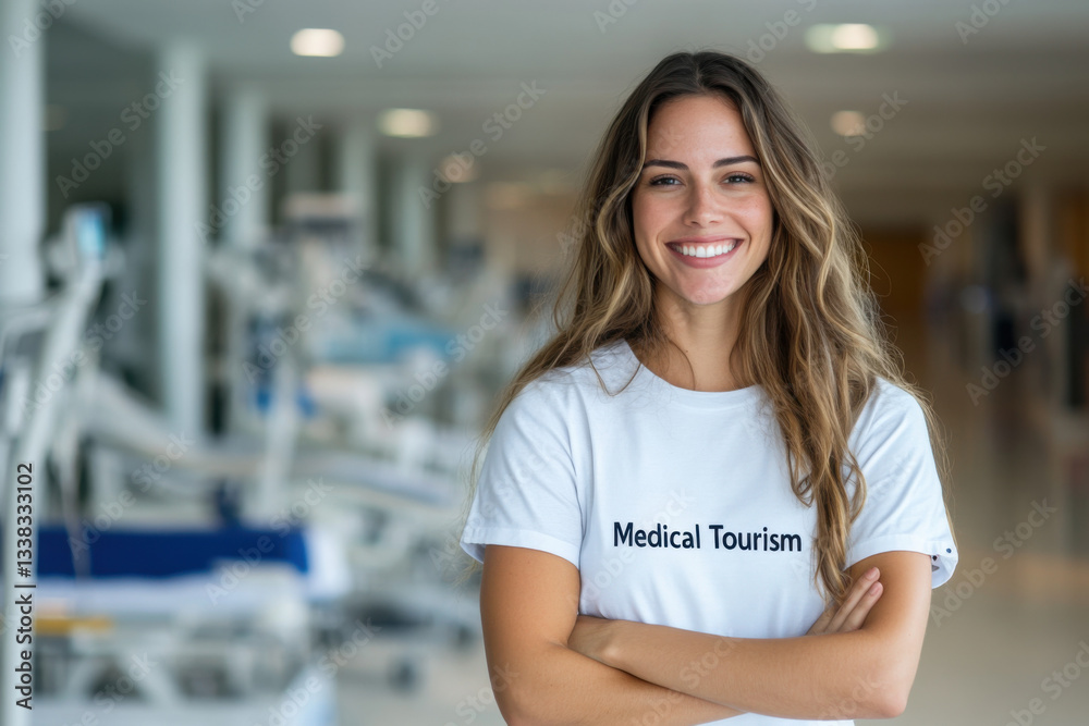 Fototapeta premium Smiling woman promoting medical tourism in hospital corridor