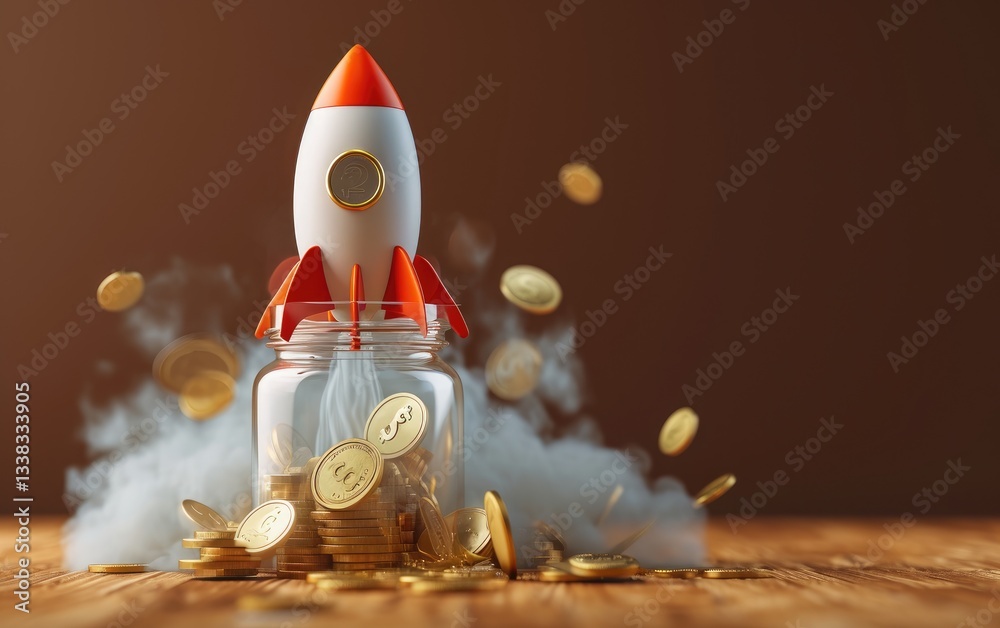 Stylized Rocket Launching From Glass Jar Of Gold Coins