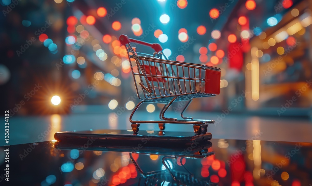 Miniature Shopping Cart Rests On Mobile Phone Display
