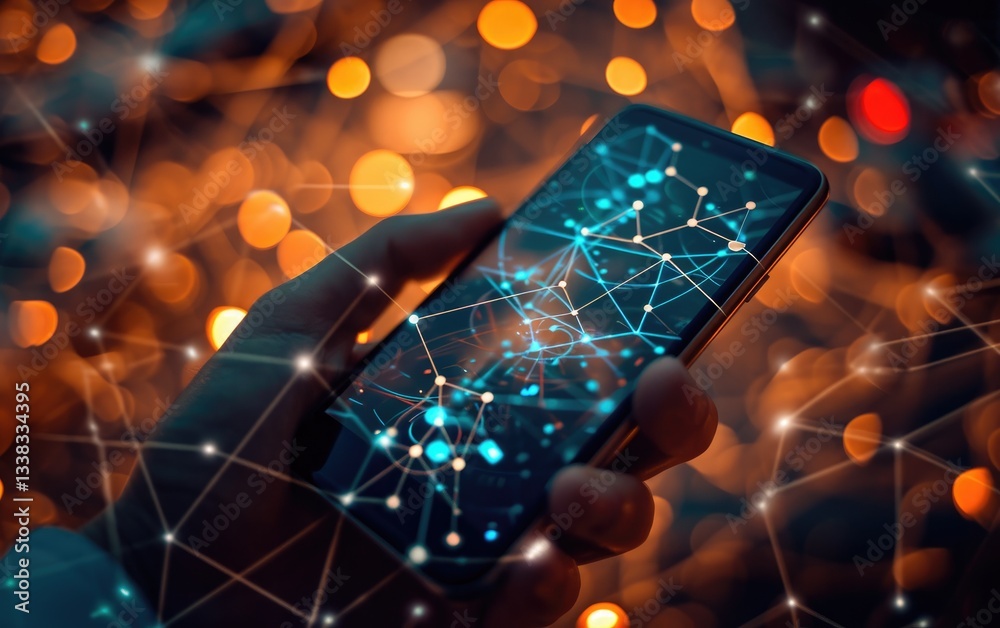 Hand Holding Smartphone Showing Network Connections