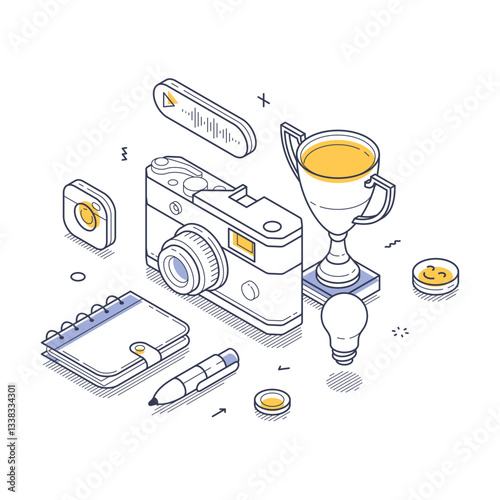 Various elements essential for content creation in isometric line art. A camera, trophy, light bulb, notepad, and pen showcase the creative process and tools used. Modern vector illustration