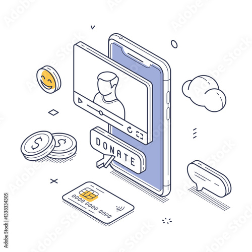 Isometric line art showcasing a smartphone with a donation interface. Surrounding elements include coins and emotive icons symbolizing support and engagement. Vector illustration