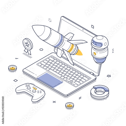 Isometric line art design showcases a laptop with rockets emerging from the screen, alongside a game controller and other gaming elements, highlighting online gaming themes. Vector illustration