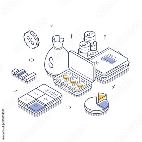 Business investment concepts, including cash, charts, and a calculator. The design emphasizes finance, savings, and analysis using simple shapes. Modern isometric line art vector illustration