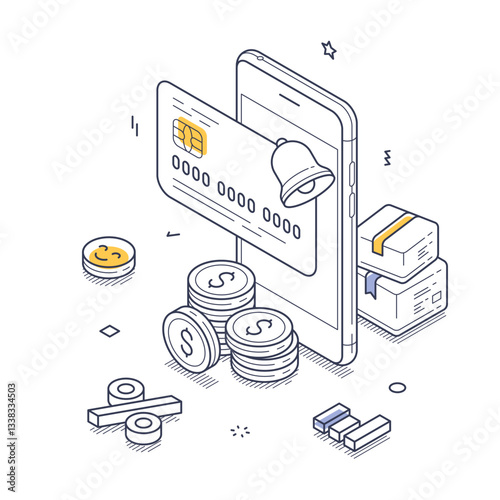 Concept of cash back. A mobile device displays a credit card, while nearby, stacks of coins and packages represent financial rewards and transactions. Modern isometric line art illustration