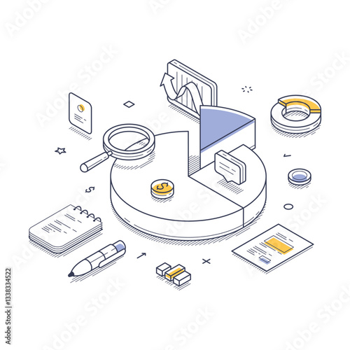 Market analysis through a detailed visualization featuring pie charts, graphs, and tools like a magnifying glass. Modern isometric line art vector illustration