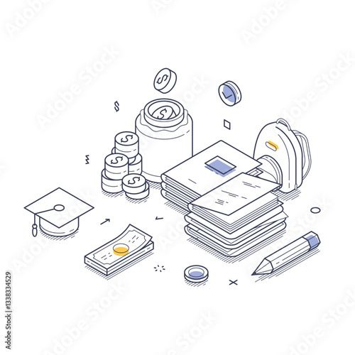 Investment in education concept. Books, money, a graduation cap, and a backpack, symbolizing the financial commitment to learning and academic success. Modern isometric line art vector illustration