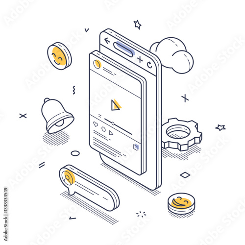 Smartphone displayed with social media elements, including icons, a play button, and notifications. Modern isometric line art vector illustration