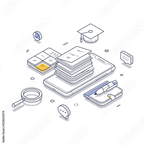Isometric line art illustration captures various elements of online education, including a smartphone displaying study materials, stacks of papers, a calculator, a graduation cap. Vector illustration