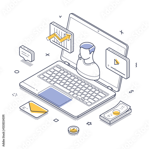 Financial consultation concept. A laptop with graphs and icons symbolizes digital financial analysis and modern financial tools and services. Vector illustration